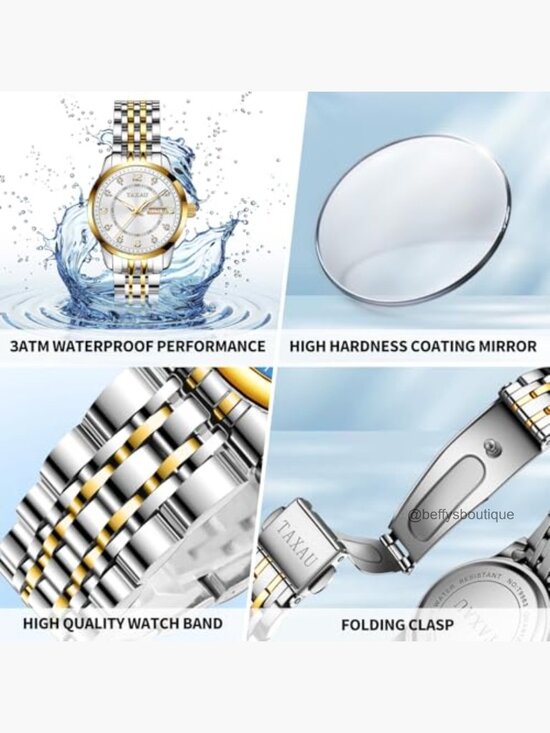 Womens Watch Fashion Dress Waterproof Silver Easy Read Quartz Analog Two Tone